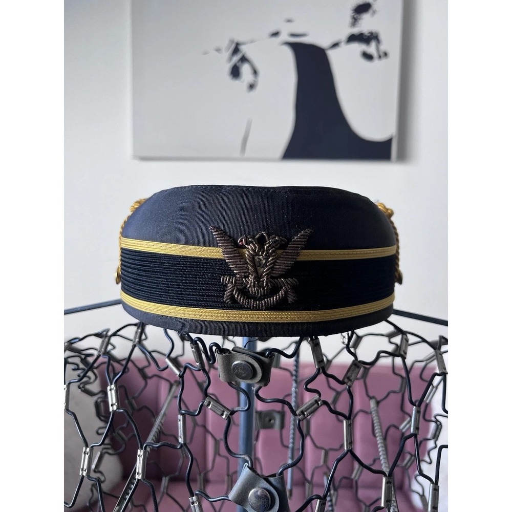 Vintage US Army Dress‎ Blue Mess Cap Officer Pillbox Hat Gold FRATERNAL 7 3/8